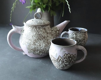 Teapot Set, 1x teapot & 2x cups, matt pastel purple pink, hand drawn floral patterns