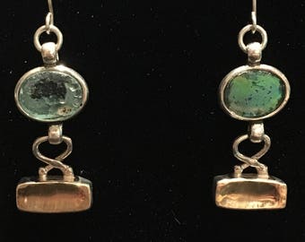 Ancient Roman Glass (500-1000AD) Earrings set in 14kt Gold and Sterling Silver