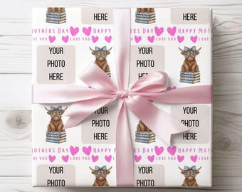 Highland Cow Pink Photo Upload Mother's Day Wrapping Paper A2 Sheet