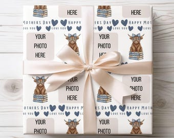 Highland Cow Blue Photo Upload Mother's Day Wrapping Paper A2 Sheet