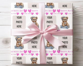Floral Ted Pink Photo Upload Mother's Day Wrapping Paper A2 Sheet