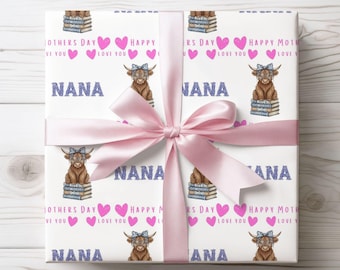 Floral Text Highland Cow Mother's Day Wrapping Paper A2 Sheet