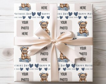Floral Ted Blue Photo Upload Mother's Day Wrapping Paper A2 Sheet