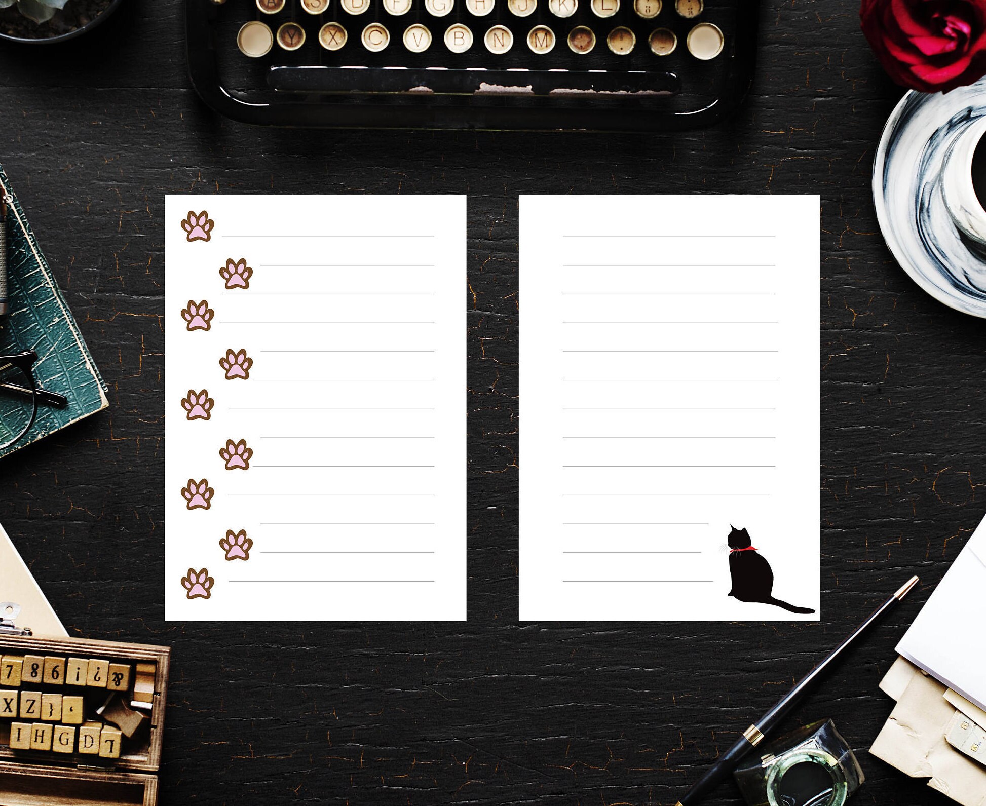 Cat stationery Cute black Cat Paw paper Printable Stationery | Etsy