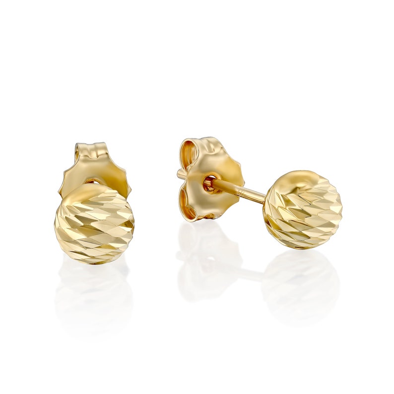 Mira stud earrings 14k classic single bead stud earrings in solid yellow gold featuring a sparkling diamond cut ball bead image 2