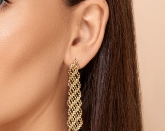 Avior earring - 14k big woven beaded drop earrings in yellow solid gold featuring tiny sparkling beads on dainty