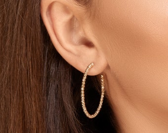 Mira medium hoop earrings - medium 14k solid gold hoop earrings - 14k gold beaded hoop earrings, 14k gold hoops, for woman, yellow gold