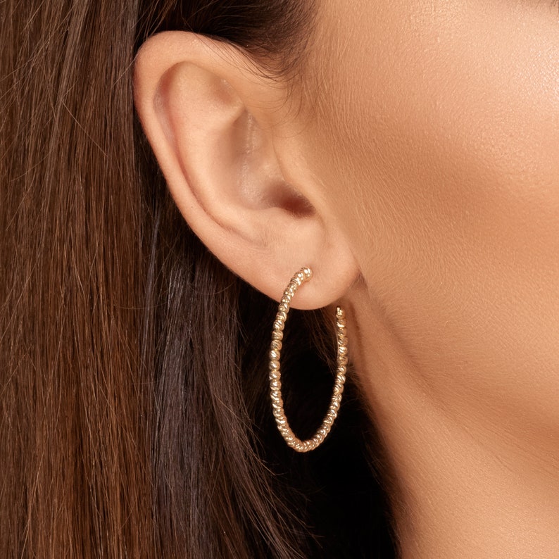 Mira medium hoop earrings medium 14k solid gold hoop earrings 14k gold beaded hoop earrings, 14k gold hoops, for woman, yellow gold image 1