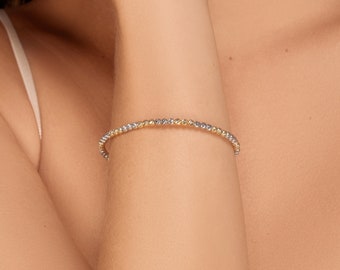 Mira medium two tone bangle - 14k white solid gold beaded bangle bracelet, diamond cut beads 14 karat real gold