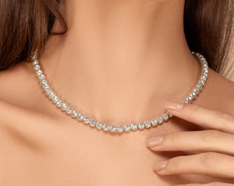 Collar blanco grande Mira - Collar de cuentas de oro blanco de 14k - Collar de cuentas de oro blanco sólido de 14k, cuentas de corte de diamante, brillante, para mujer