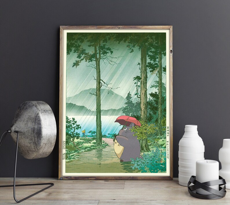 My Neighbor Totoro, Studio Ghibli and Morning Rain at Hakone, Japanese woodblock print mashup canvas