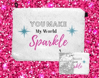 Flip Sequin cosmetische tas, quote "You Make My World Sparkle" zeemeermin pailletten make-up tas cadeaus voor moeders, dochters, beste vriend geschenken, liefde
