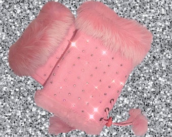 Pink Rhinestones fingerless gloves, Fur cuff gloves, Crystalized, Bling Text Gloves, Touch Screen, Winter Gloves, Valentines Day gift ideas
