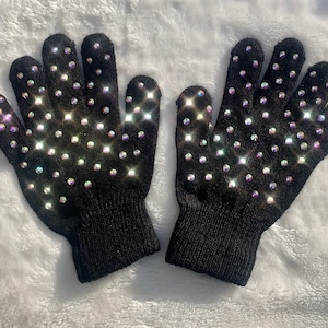 Kids Black Rhinestone Winter Stretch gloves, Crystalized Ice Skate, Bedazzled Bling, Figure Skater,  gift ideas, Fashion sparkle gloves