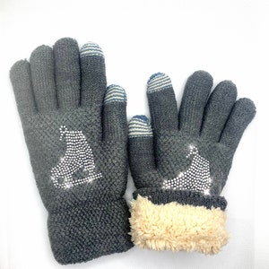 Gray Winter Gloves  for Teens and Adults, Rhinestone Gloves, Fleece lined Gloves, Texting Touch Screen, Ice Skater, Valentines day, Warm