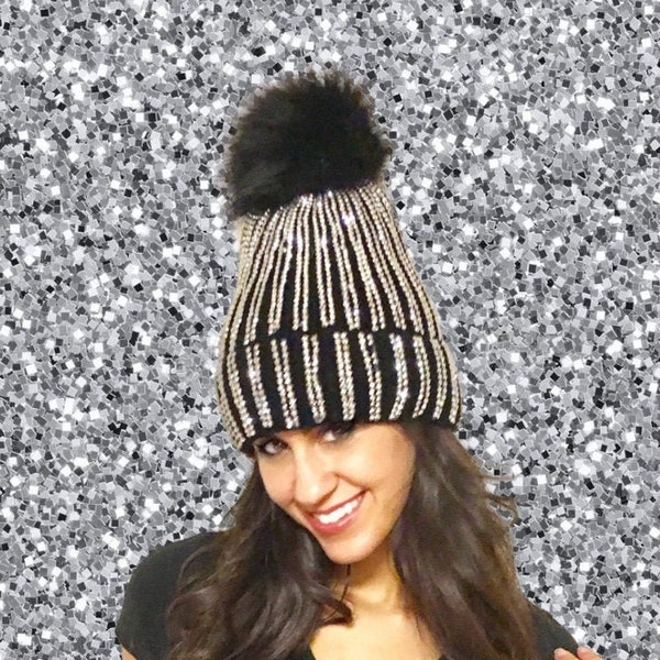 Black Bling Winter Hat, Rhinestone Hat,  Faux Fur Pom, Fleece lining, Winter Ski Beanie, Ice Skating, Glitter hat, bedazzled hat, Halloween