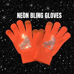 Neon Orange Bling Gloves, Kids Gloves for Figure Skaters, Florescent Crystalized gloves, Favors for Skating Party, Rhinestone gloves