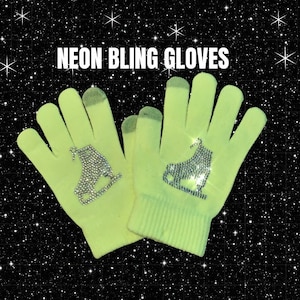 Neon Yellow Bling Gloves, Kids Gloves for Figure Skaters, Florescent Crystalized gloves, Favors for Skating Party, Rhinestone gloves