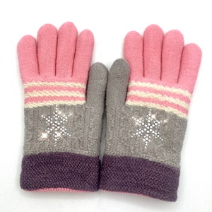 Rhinestone Gloves for Kids, Fleece lined Knit Gloves, Warm Winter Gloves, Figure Skater gift, Ice Skating  Skiing, Winter Accessories,