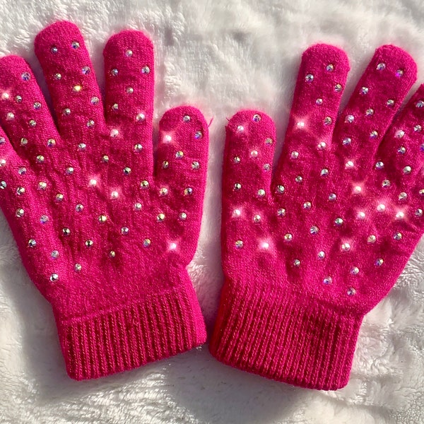 Kids Hot Pink Rhinestone Winter Stretch gloves, Crystalized Ice Skate Gloves, Bedazzled Bling, Figure Skater, Ice skate competition, Fashion