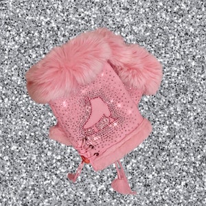 Pink Rhinestones fingerless gloves, Fur cuff gloves, Crystalized, Bling Text Gloves, Touch Screen, Winter Gloves, Valentines Day gift ideas
