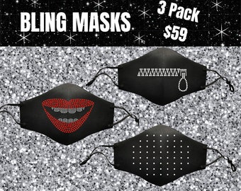 3 Pack Rhinestone Mask, Bling Face Cover, Crystal Bling Mask, Adjustable straps, Washable and Reusable, Fashion Face Masks