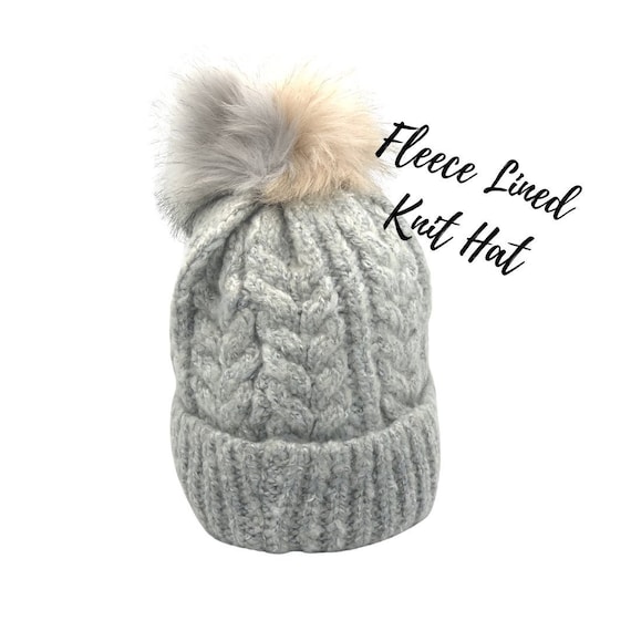 Knit Fleece Lined Warm Hat, Gray Knit Beanie, Pink Gray Faux 