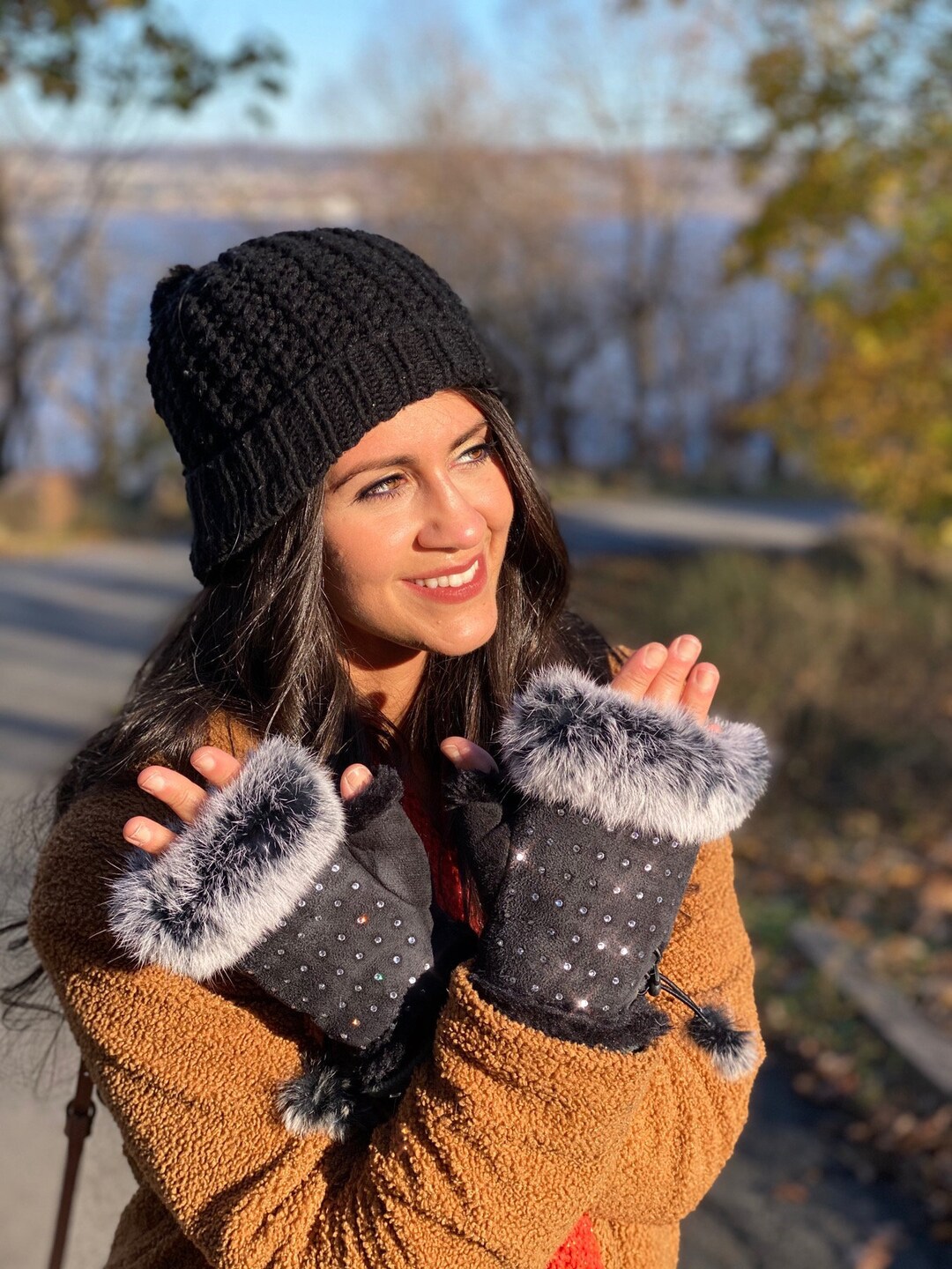 thumbnail image 2 of Buy Women Luxurious Rhinestones Winter Gloves Touchscreen Fleece Lined Mittens With Rabbit Fur Cuffs At 2 of 11