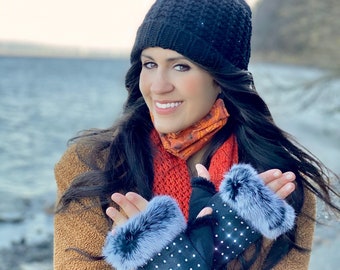 Black Rhinestones fingerless gloves, Fur cuff gloves, Crystalized, Bling Text Gloves, Touch Screen, Winter Gloves, Valentines Day gift ideas