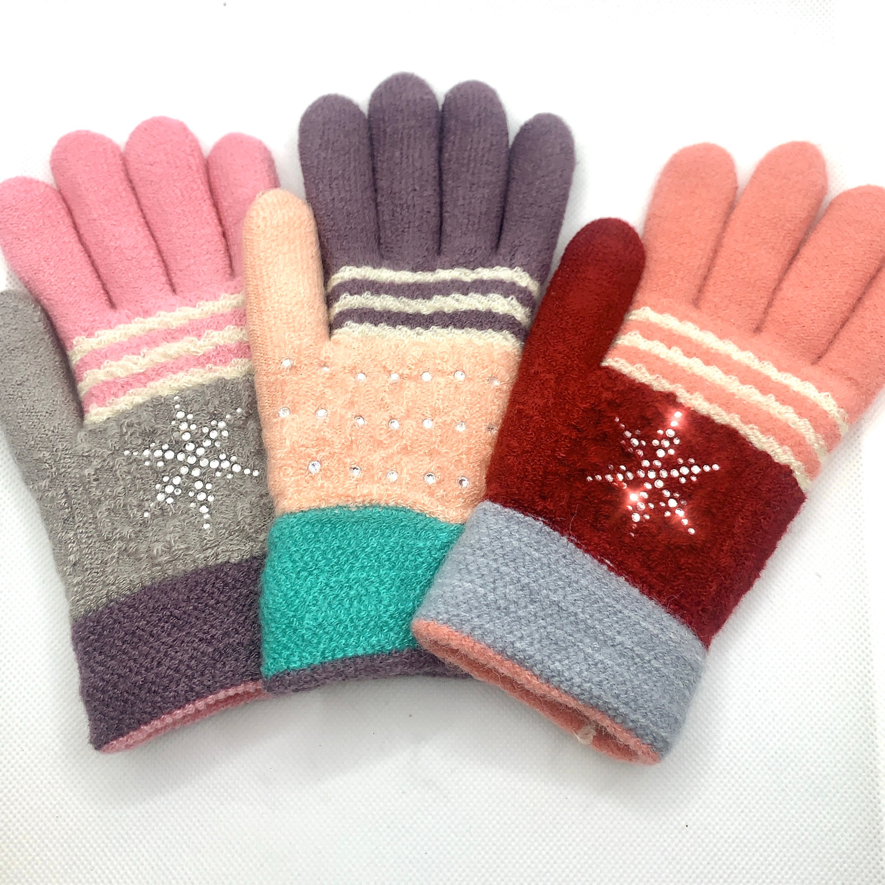 Rhinestone Gloves for Kids Fleece Lined Knit Gloves Warm Etsy UK