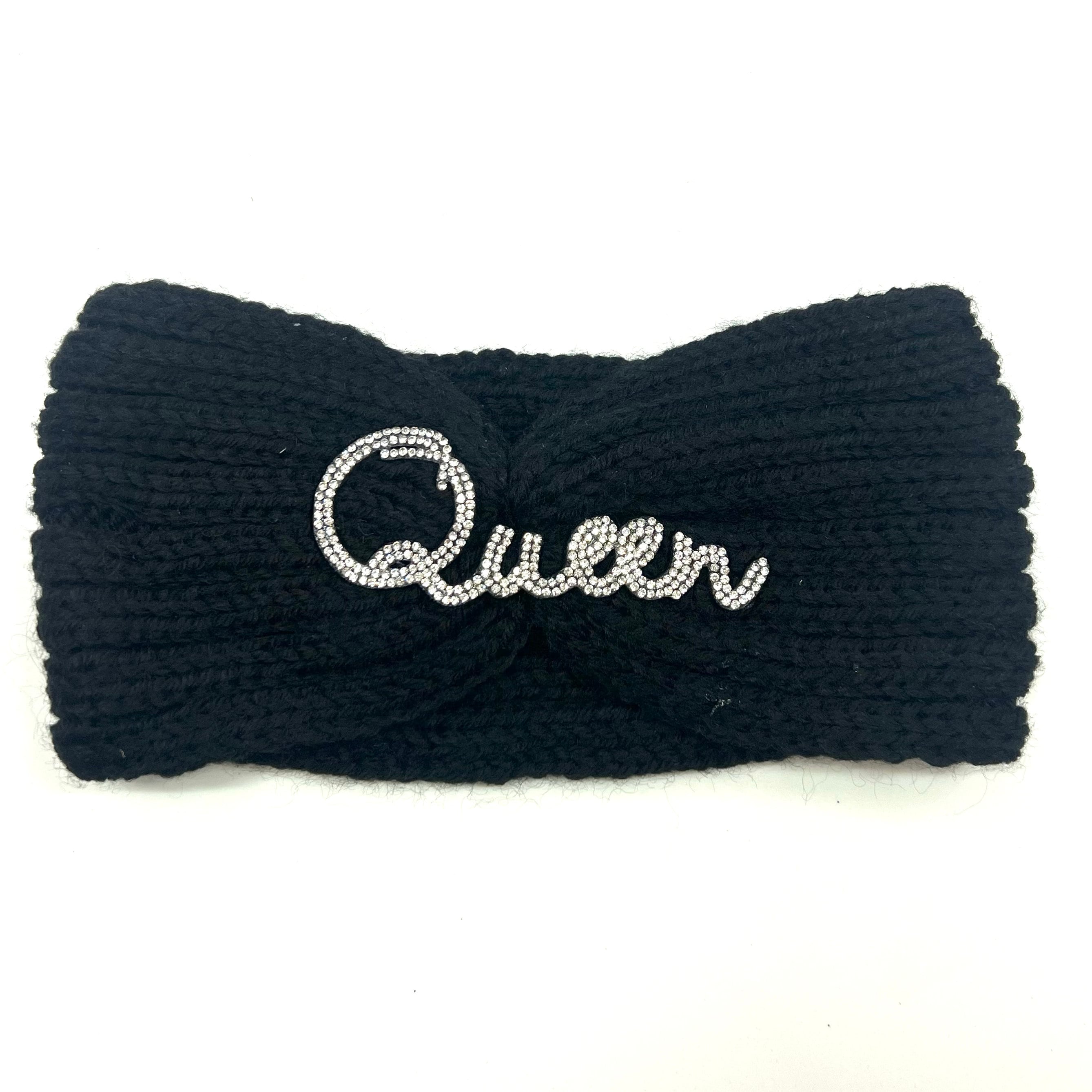 Queen Black Rhinestone Knit Headband, Embellished Ear Warmer 