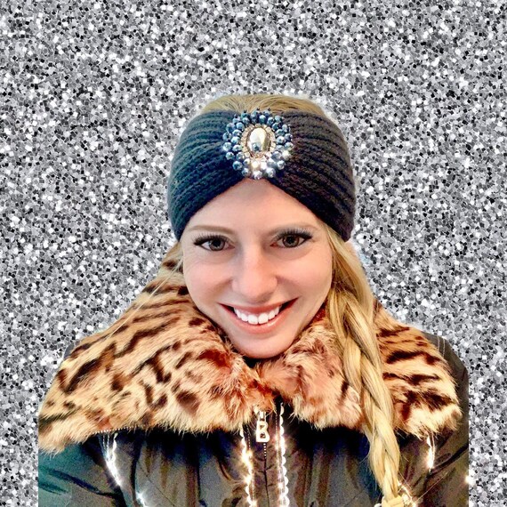 Black Rhinestone Knit Headband, Embellished Ear Warmers  display picture 3