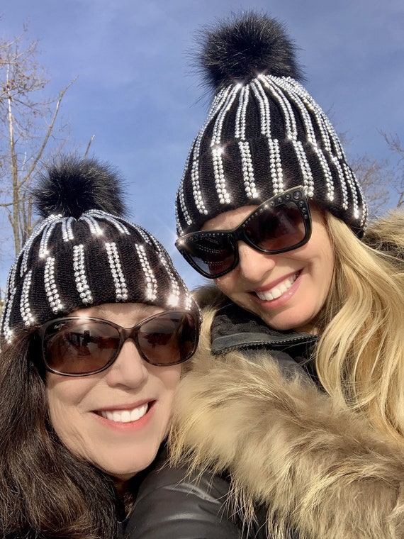Black Bling Winter Hat, Rhinestone Hat,  Faux Fur Pom, Fleece lining, Winter Ski Beanie, Ice Skating, Glitter hat, bedazzled hat, ice skate