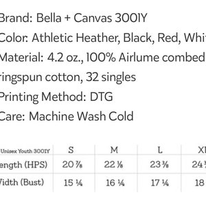 May include: Size chart for Bella + Canvas 3001Y youth unisex t-shirts. The chart shows measurements in inches for body length and width for sizes S, M, L, and XL.