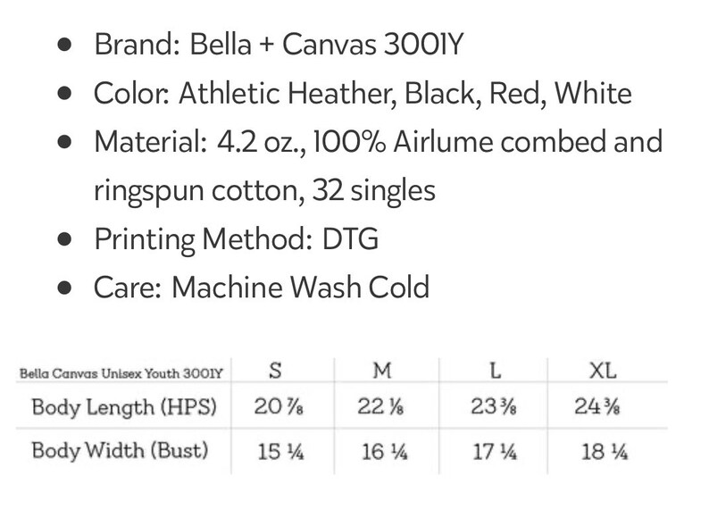 May include: Size chart for Bella + Canvas 3001Y youth unisex t-shirts. The chart shows measurements in inches for body length and width for sizes S, M, L, and XL.