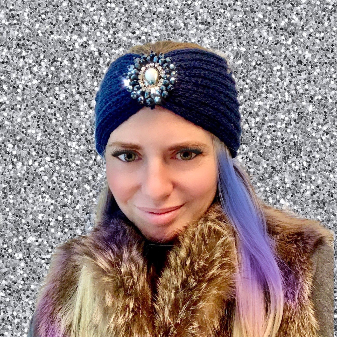 Black Rhinestone Knit Headband, Embellished Ear Warmers  display picture 1