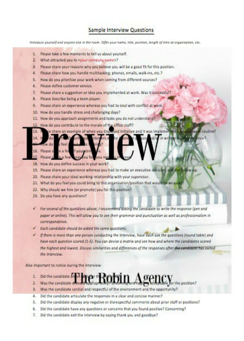 Sample Interview Questions Job Interview Template Office | Etsy