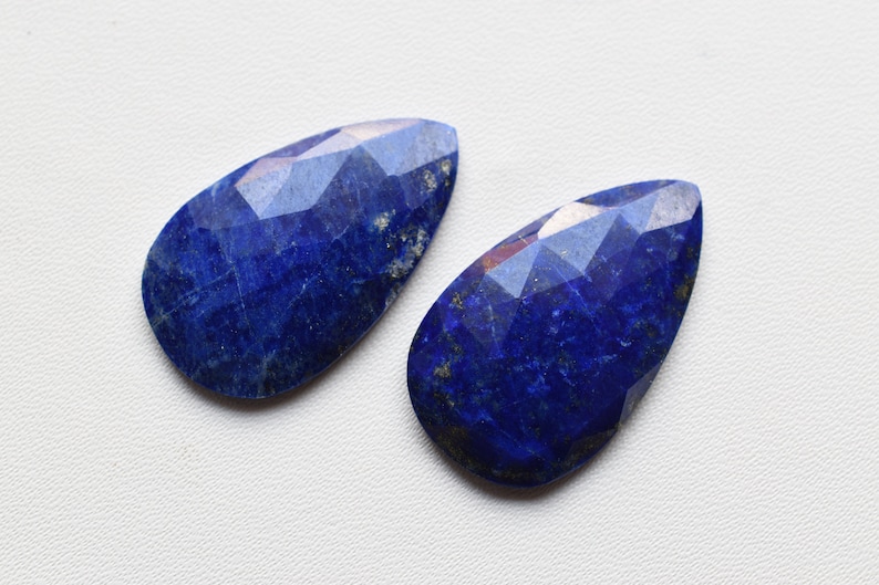Rare Gemstone Genuine Blue Lapis Pair Of LAPIS LAZULI FACETED Cab Uneven Shape Flat Rose Cut 28x16.5 mm Natural Loose Gemstone Cabochon