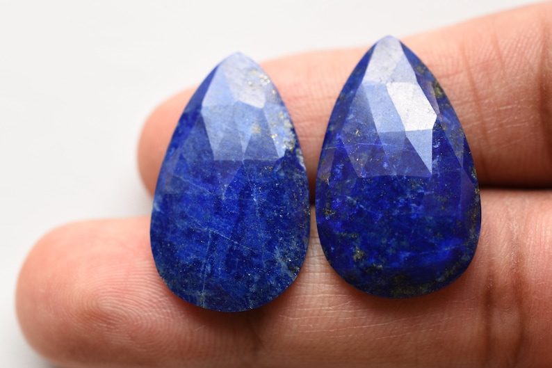 Rare Gemstone Genuine Blue Lapis Pair Of LAPIS LAZULI FACETED Cab Uneven Shape Flat Rose Cut 28x16.5 mm Natural Loose Gemstone Cabochon
