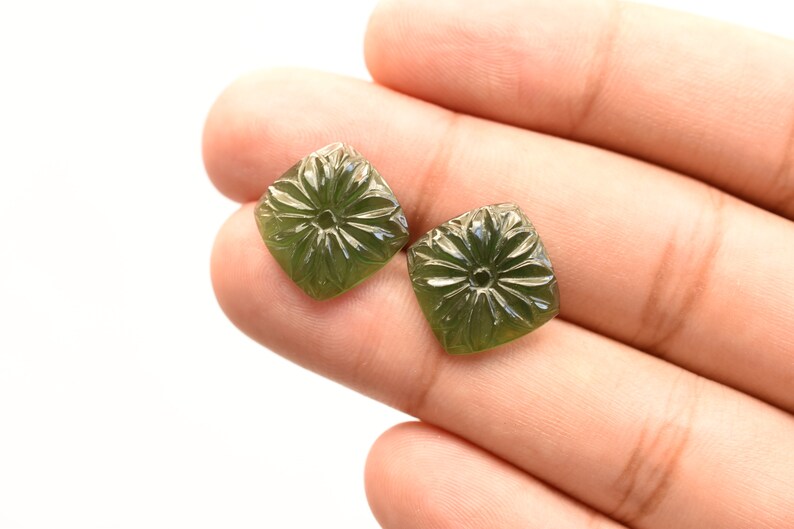 Pair Of NATURAL SERPENTINE CARVED Cushion Shape 14x14 mm Natural Loose Gemstone Carving Stone Genuine Serpentine Stone Loose Gemstone