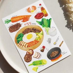 DIGITAL ONLY/Druckbare Hangul Aquarell Postkarte/Bibimbap Illustration/Koreanische Essen Rezept Karte Drucke Küche Kunst Wand Poster Karte