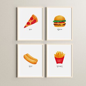 Do druku hangul koreańsko-amerykańskie jedzenie/pocztówka/tradycyjne/cyfrowe/plakat akwarelowy/ramka artystyczna/ilustracja burger pizza hotdog/wydruk
