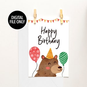 Biglietto di compleanno digitale orso / biglietti divertenti per bambini / download digitale / modello di stampa regalo / stampabile / festa del bambino / acquerello / arte dell'orso / fai-da-te