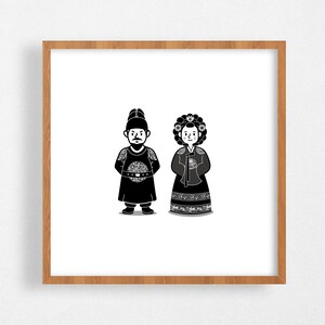 Póster de ilustración imprimible coreano tradicional / moderno simple / arte / digital / historia / postal / Joseon king queen imprimir personaje en escala de grises