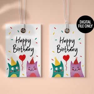 Etiquetas de presente com ilustração fofa em aquarela para impressão/feliz aniversário/animal de gato/download digital/cartão de abril/diy/festa/crianças bebê abril