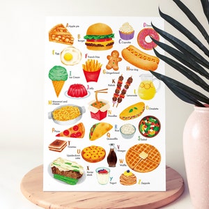 Comida estadounidense educativa imprimible comer alfabeto inglés / decoración de arte mural para el dormitorio sala de estar carteles de guardería estética / decoraciones bricolaje