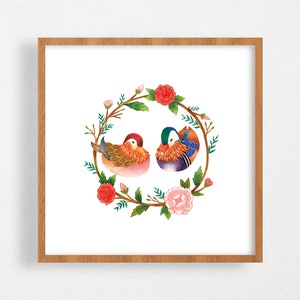 NUMÉRIQUE UNIQUEMENT / Aquarelle imprimable Affiche d’illustration d’oiseaux d’amour, Peinture de canards mandarins coréens Art, Saint-Valentin, couple, mariage