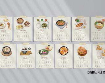 May include: A set of 12 printable calendar pages featuring Korean food illustrations. Each month is represented by a different dish, such as kimchi, bibimbap, and tteokbokki. The calendar pages are designed in a minimalist style with a light beige background and black text.