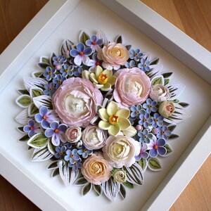 3D Paper Quilling Flowers Wall Decor Flower Arrangement with Summer Flowers Peony, Forget-me-not, Daffodils, Violets Gift for Her image 5