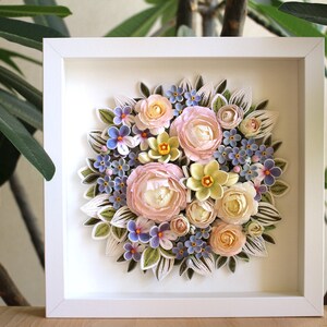 3D Paper Quilling Flowers Wall Decor Flower Arrangement with Summer Flowers Peony, Forget-me-not, Daffodils, Violets Gift for Her image 9